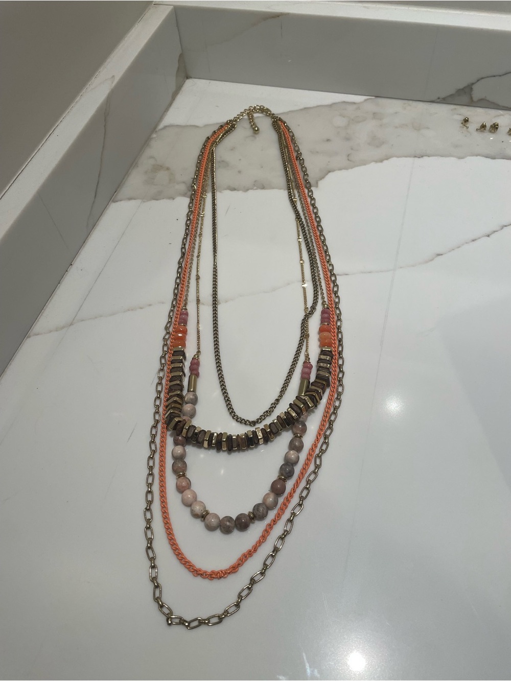 Anthropologie Coral and Gold Multi-Layer Necklace
